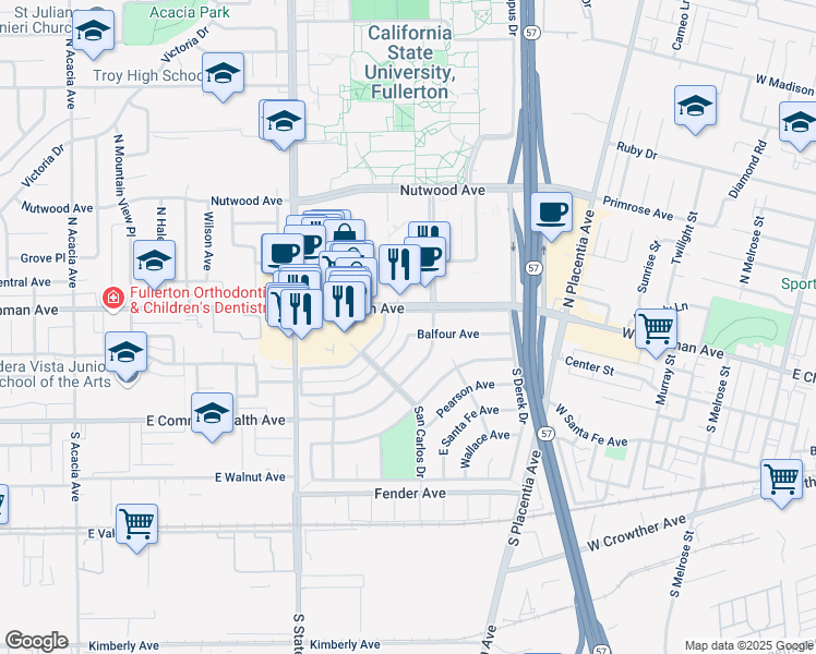map of restaurants, bars, coffee shops, grocery stores, and more near 2536 Balfour Avenue in Fullerton