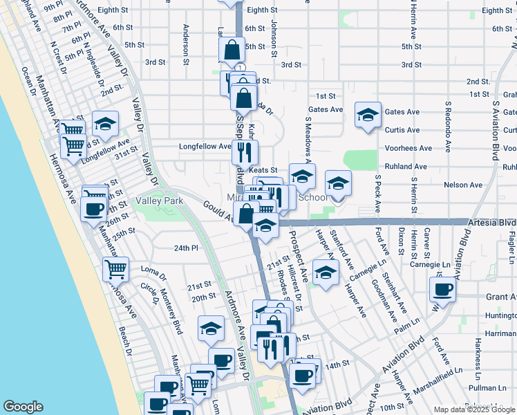 map of restaurants, bars, coffee shops, grocery stores, and more near 953 Artesia Boulevard in Manhattan Beach