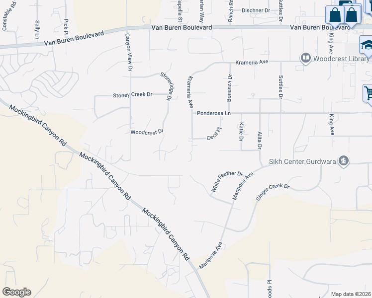 map of restaurants, bars, coffee shops, grocery stores, and more near 16990 Orangecrest Court in Riverside
