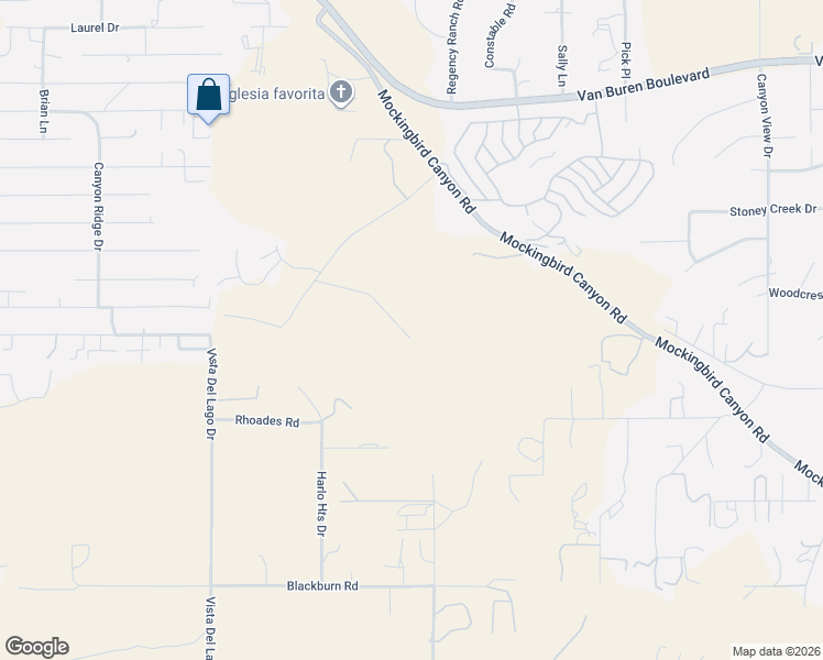 map of restaurants, bars, coffee shops, grocery stores, and more near 16571 Mockingbird Canyon Road in Riverside