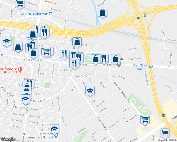 map of restaurants, bars, coffee shops, grocery stores, and more near 1010 Margarita Drive in Corona