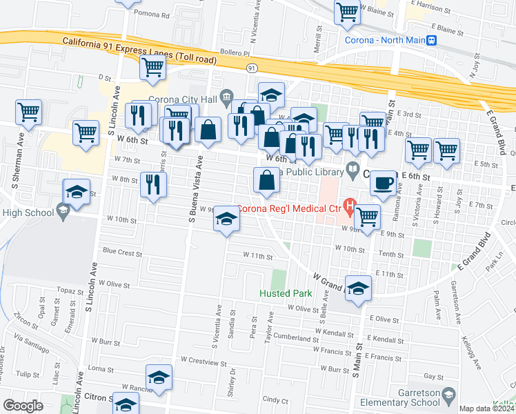 map of restaurants, bars, coffee shops, grocery stores, and more near 624 West 9th Street in Corona