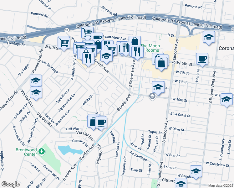 map of restaurants, bars, coffee shops, grocery stores, and more near 1037 Norwich Way in Corona