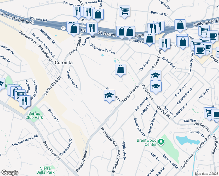 map of restaurants, bars, coffee shops, grocery stores, and more near 1980 Pine Crest Drive in Corona