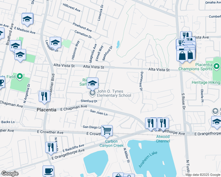 map of restaurants, bars, coffee shops, grocery stores, and more near 218 Downey Lane in Placentia