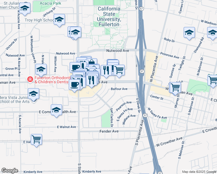 map of restaurants, bars, coffee shops, grocery stores, and more near 2536 Balfour Avenue in Fullerton