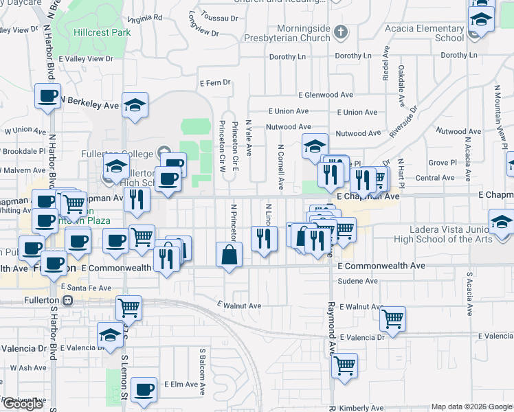 map of restaurants, bars, coffee shops, grocery stores, and more near 209 North Yale Avenue in Fullerton