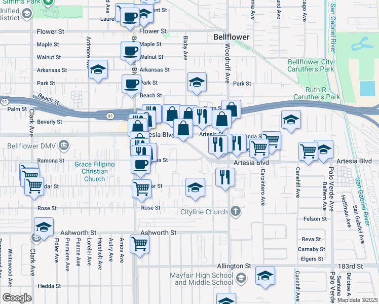 map of restaurants, bars, coffee shops, grocery stores, and more near 10010 Artesia Boulevard in Bellflower