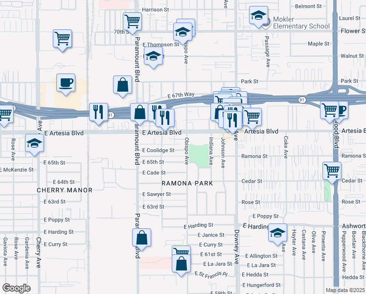 map of restaurants, bars, coffee shops, grocery stores, and more near 3112 East Coolidge Street in Long Beach
