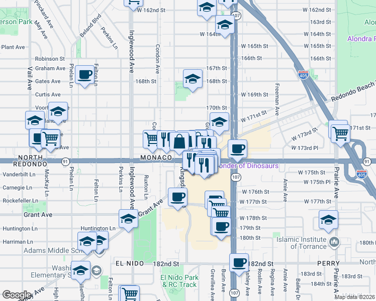 map of restaurants, bars, coffee shops, grocery stores, and more near 4537 Artesia Boulevard in Lawndale