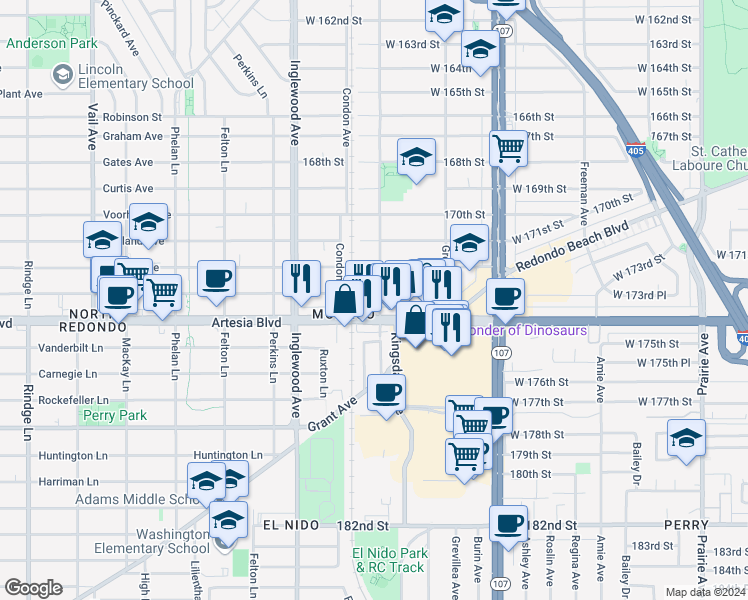 map of restaurants, bars, coffee shops, grocery stores, and more near in Lawndale
