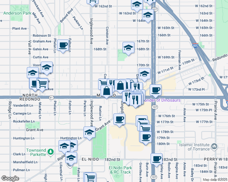 map of restaurants, bars, coffee shops, grocery stores, and more near in Lawndale