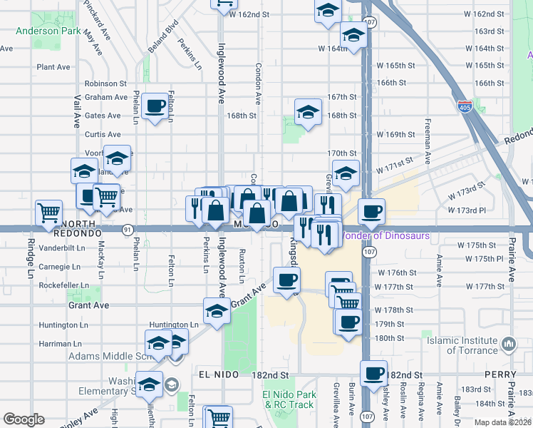 map of restaurants, bars, coffee shops, grocery stores, and more near 4626 West 173rd Street in Lawndale