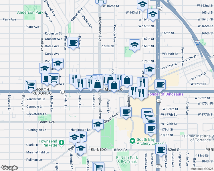 map of restaurants, bars, coffee shops, grocery stores, and more near 4727 Artesia Boulevard in Lawndale