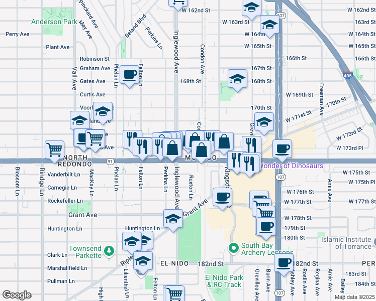 map of restaurants, bars, coffee shops, grocery stores, and more near 4727 Artesia Boulevard in Lawndale