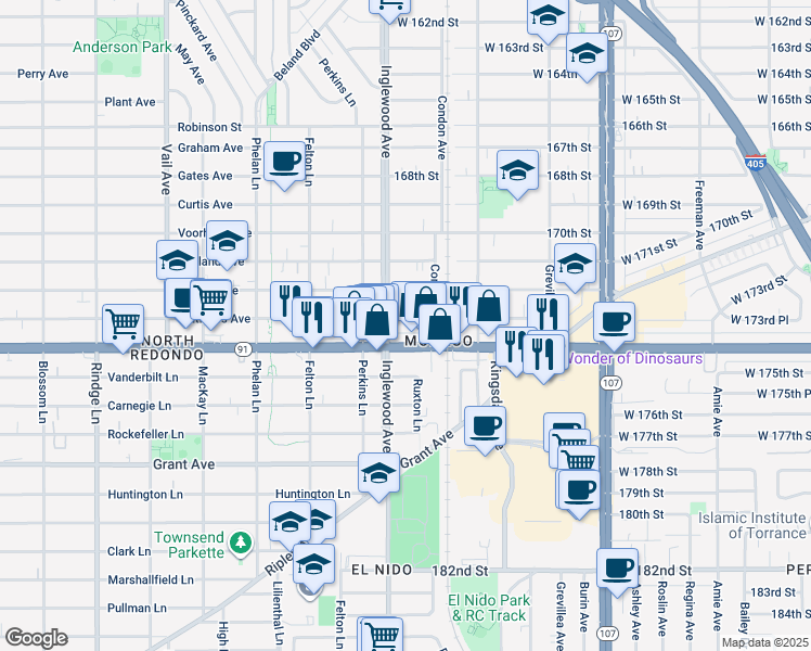 map of restaurants, bars, coffee shops, grocery stores, and more near 4727 Artesia Boulevard in Lawndale