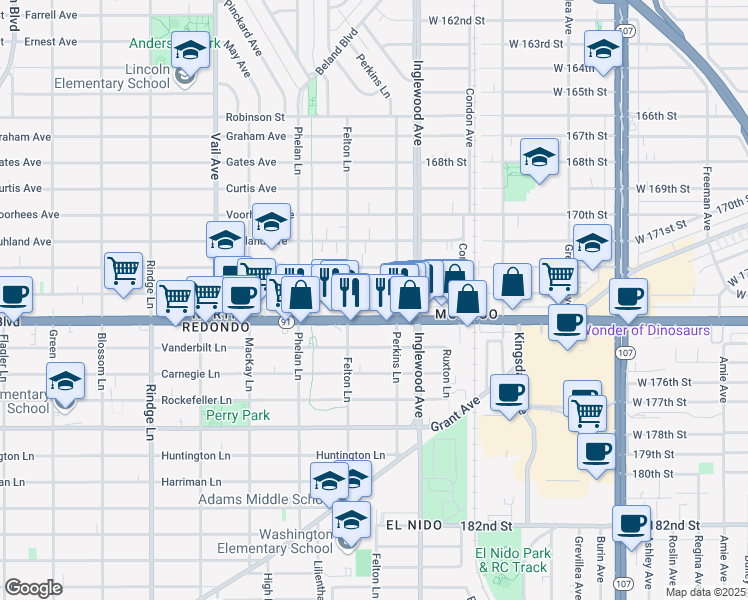 map of restaurants, bars, coffee shops, grocery stores, and more near 2607 Artesia Boulevard in Redondo Beach