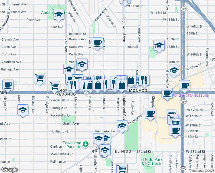 map of restaurants, bars, coffee shops, grocery stores, and more near 2607 Artesia Boulevard in Redondo Beach