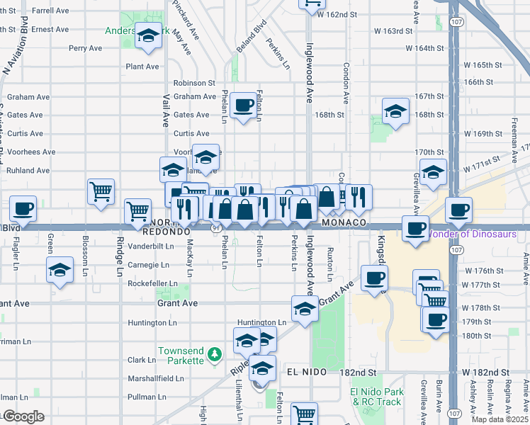 map of restaurants, bars, coffee shops, grocery stores, and more near 2607 Artesia Boulevard in Redondo Beach