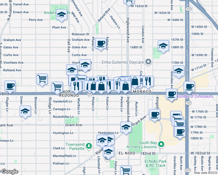 map of restaurants, bars, coffee shops, grocery stores, and more near 2607 Artesia Boulevard in Redondo Beach