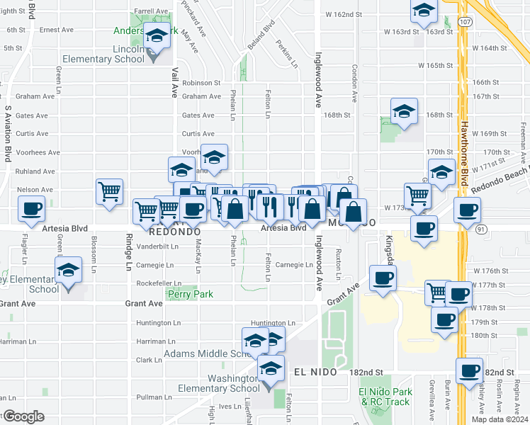 map of restaurants, bars, coffee shops, grocery stores, and more near 2515 Artesia Boulevard in Redondo Beach
