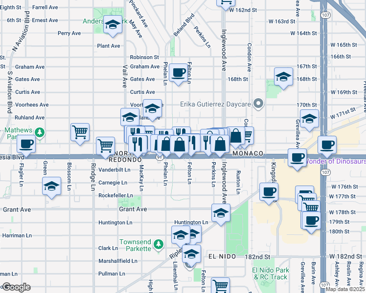 map of restaurants, bars, coffee shops, grocery stores, and more near 2515 Artesia Boulevard in Redondo Beach