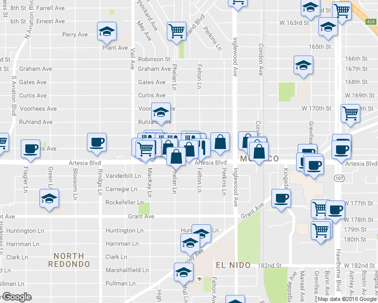 map of restaurants, bars, coffee shops, grocery stores, and more near 2515 Artesia Boulevard in Redondo Beach