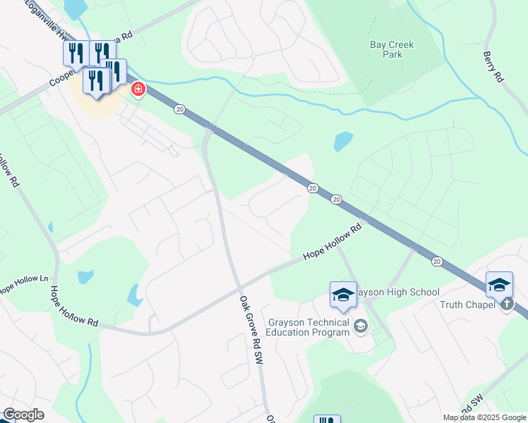 map of restaurants, bars, coffee shops, grocery stores, and more near 130 Lacey Oak Lane in Loganville