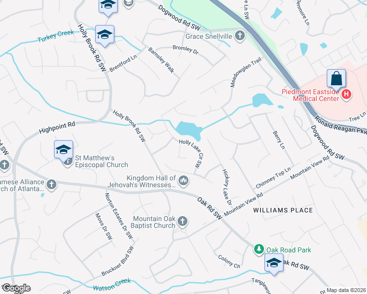 map of restaurants, bars, coffee shops, grocery stores, and more near 1608 Holly Lake Cove Southwest in Snellville