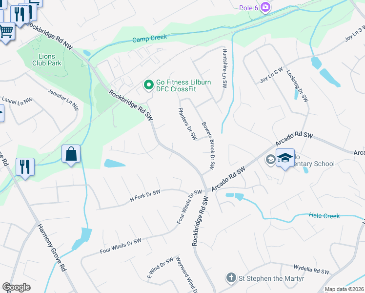 map of restaurants, bars, coffee shops, grocery stores, and more near 150 Rockbridge Road Southwest in Lilburn