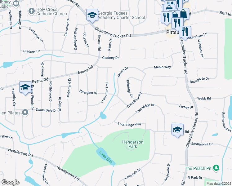 map of restaurants, bars, coffee shops, grocery stores, and more near 2799 Briarglen Drive in Atlanta