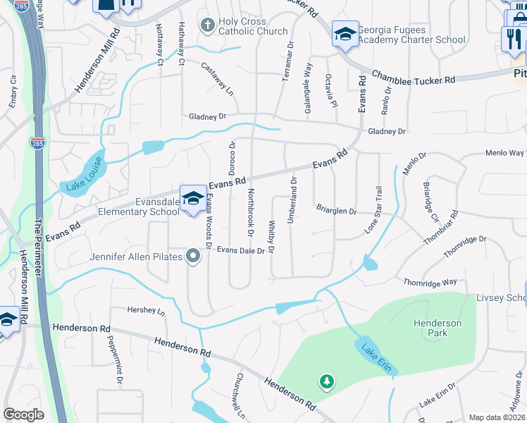 map of restaurants, bars, coffee shops, grocery stores, and more near 2928 Whitby Drive in Atlanta