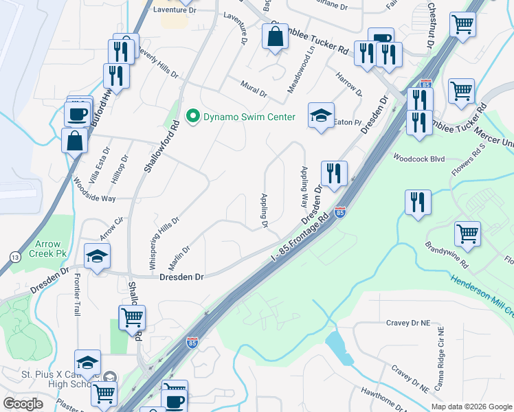 map of restaurants, bars, coffee shops, grocery stores, and more near 2920 Appling Drive in Atlanta