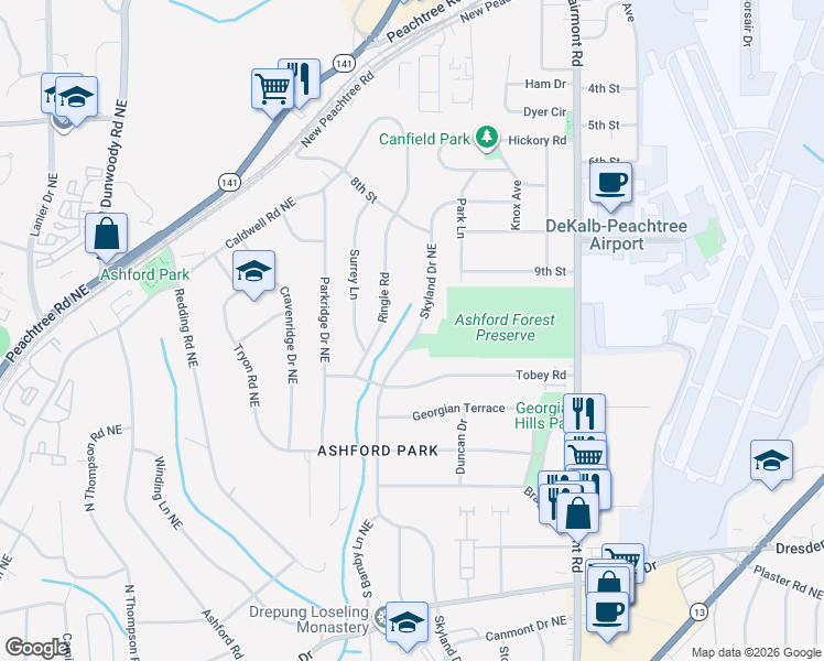 map of restaurants, bars, coffee shops, grocery stores, and more near 2962 Skyland Drive Northeast in Chamblee