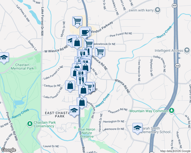map of restaurants, bars, coffee shops, grocery stores, and more near Wieuca Road Northeast in Atlanta