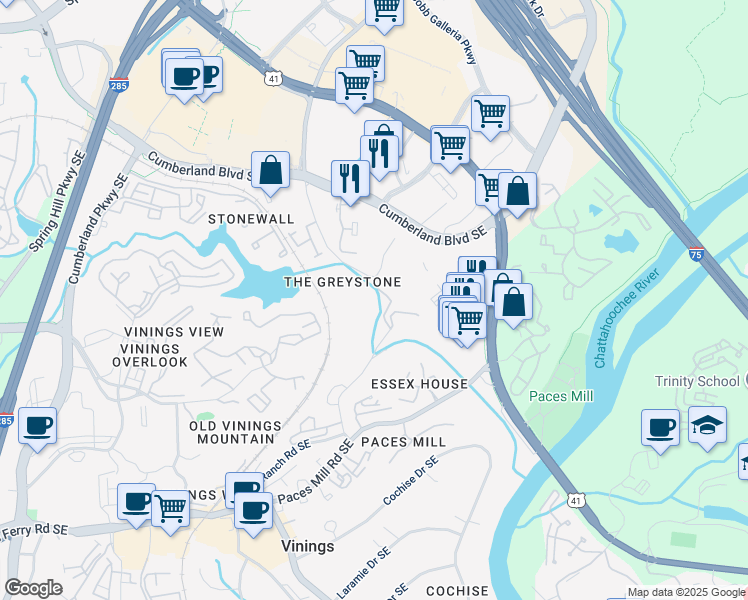 map of restaurants, bars, coffee shops, grocery stores, and more near 3244 Stillhouse Road Southeast in Atlanta