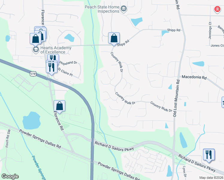 map of restaurants, bars, coffee shops, grocery stores, and more near 3230 Country Walk Drive in Powder Springs