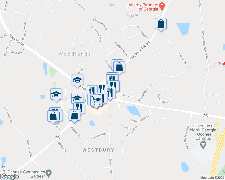 map of restaurants, bars, coffee shops, grocery stores, and more near 2061 Hog Mountain Road in Watkinsville