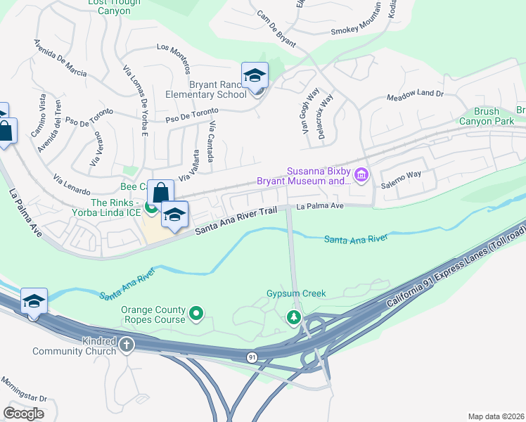 map of restaurants, bars, coffee shops, grocery stores, and more near Santa Ana River Trail in Yorba Linda