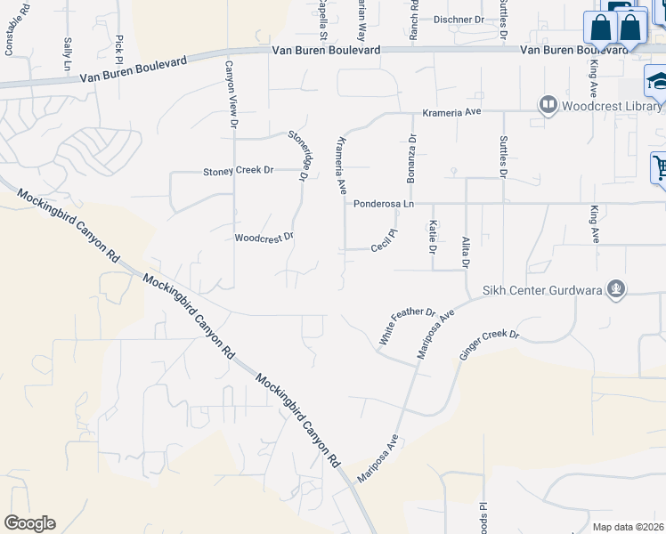 map of restaurants, bars, coffee shops, grocery stores, and more near 16990 Orangecrest Court in Riverside