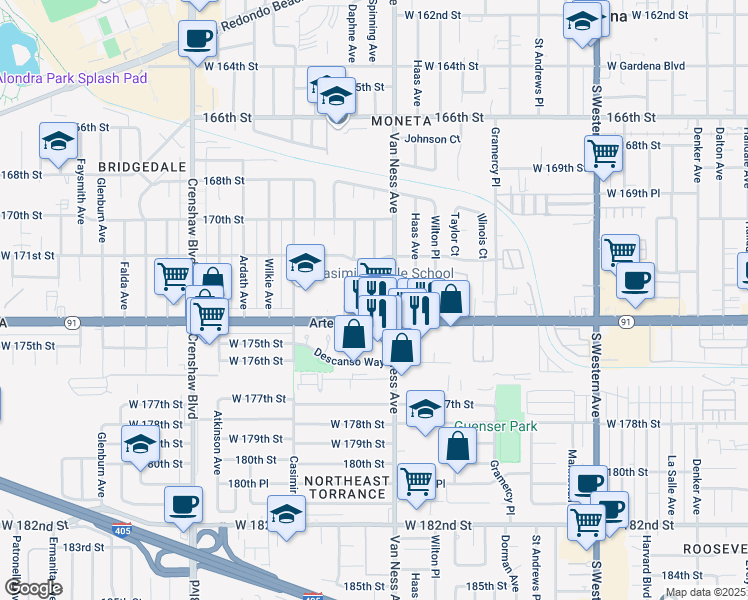 map of restaurants, bars, coffee shops, grocery stores, and more near 2215 Artesia Boulevard in Torrance