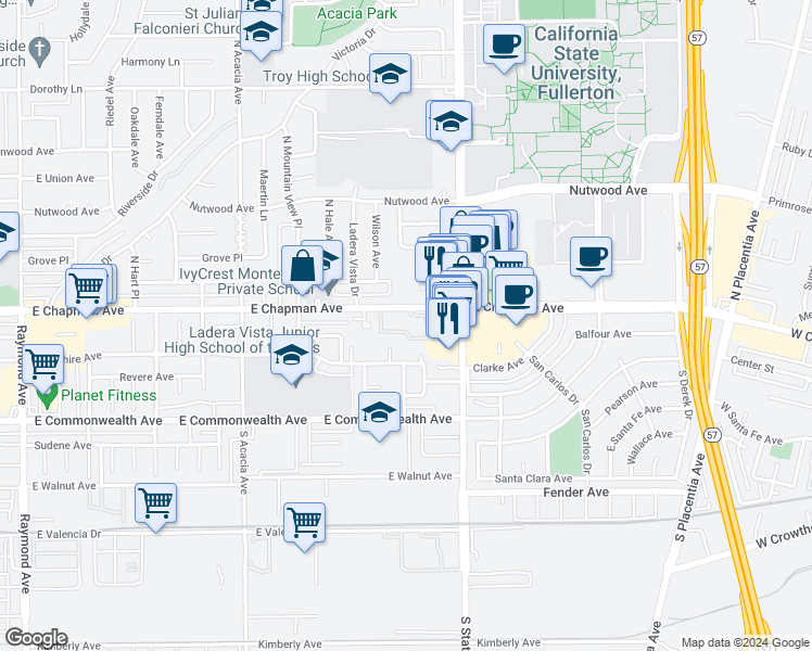 map of restaurants, bars, coffee shops, grocery stores, and more near 2220 East Chapman Avenue in Fullerton