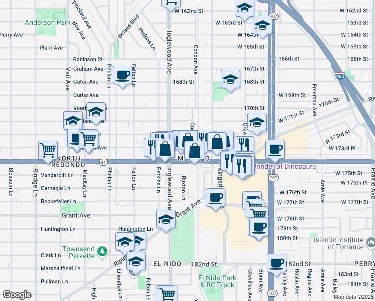 map of restaurants, bars, coffee shops, grocery stores, and more near 4641 Artesia Boulevard in Lawndale