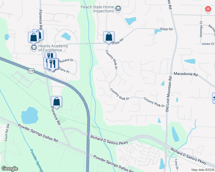map of restaurants, bars, coffee shops, grocery stores, and more near 3230 Country Walk Drive in Powder Springs