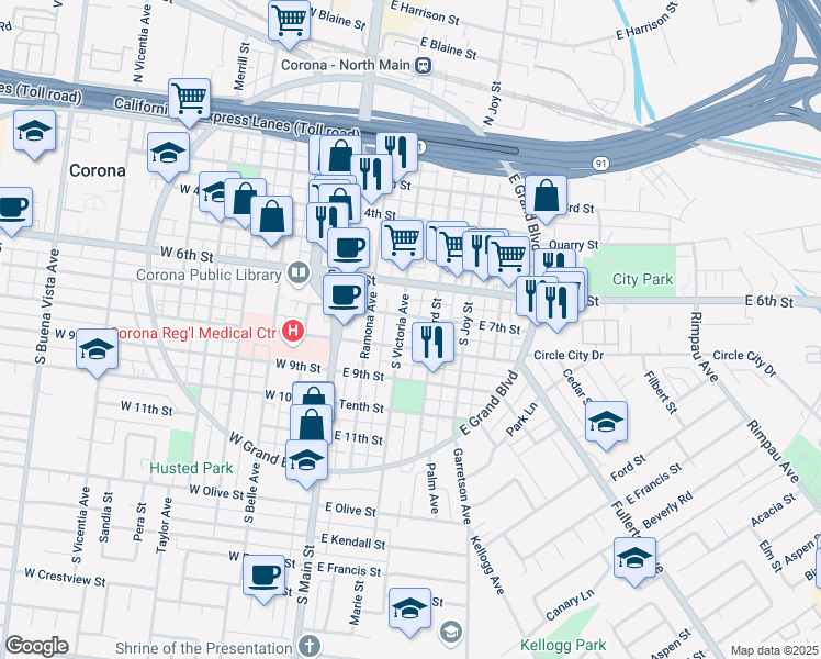 map of restaurants, bars, coffee shops, grocery stores, and more near 711 South Victoria Avenue in Corona