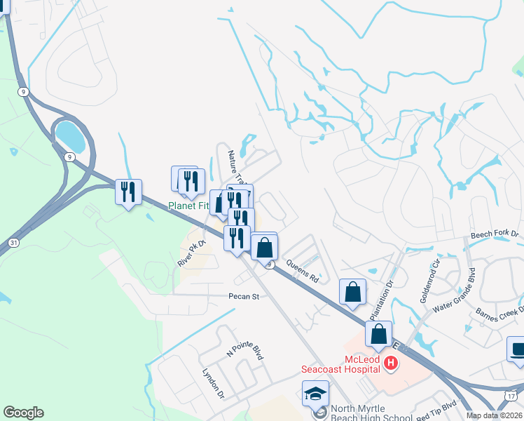 map of restaurants, bars, coffee shops, grocery stores, and more near 248 Captains Drive in Little River