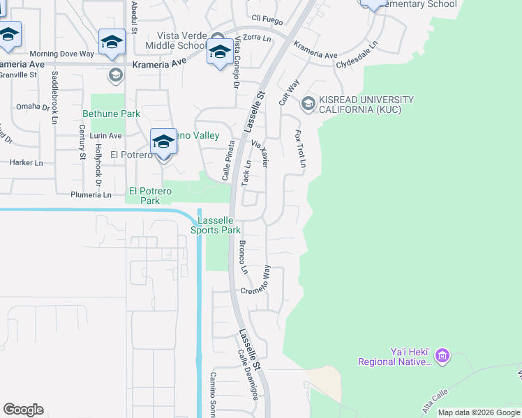 map of restaurants, bars, coffee shops, grocery stores, and more near 17135 Via Xavier Lane in Moreno Valley
