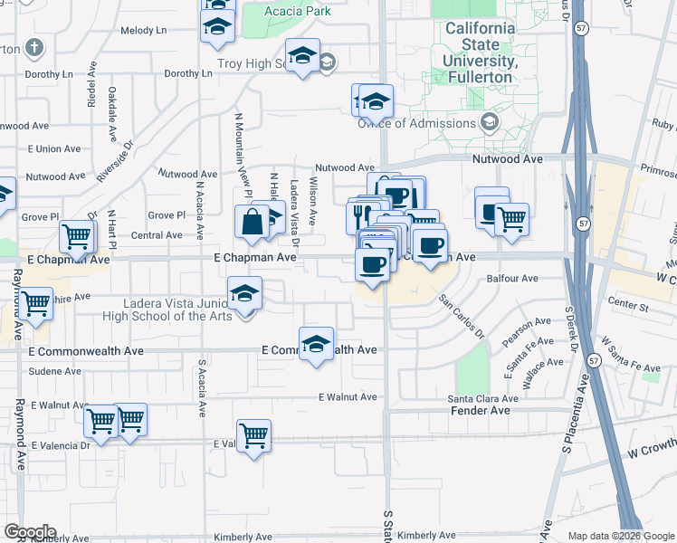 map of restaurants, bars, coffee shops, grocery stores, and more near in Fullerton