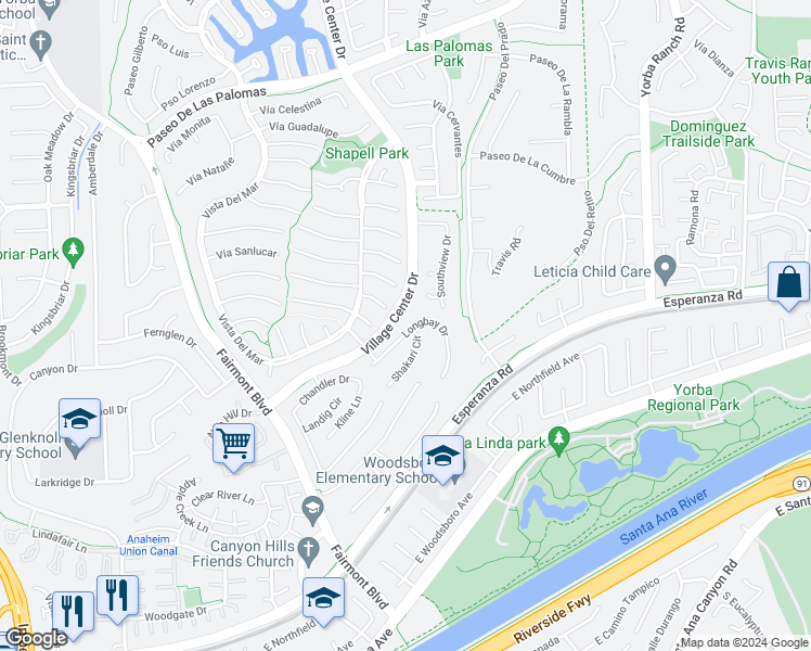 map of restaurants, bars, coffee shops, grocery stores, and more near 20465 Longbay Drive in Yorba Linda