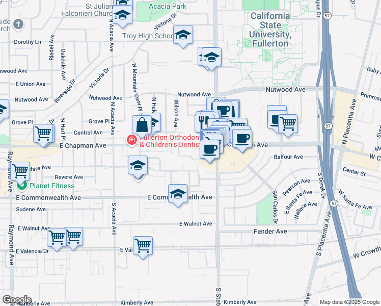 map of restaurants, bars, coffee shops, grocery stores, and more near 314 North Lillie Avenue in Fullerton